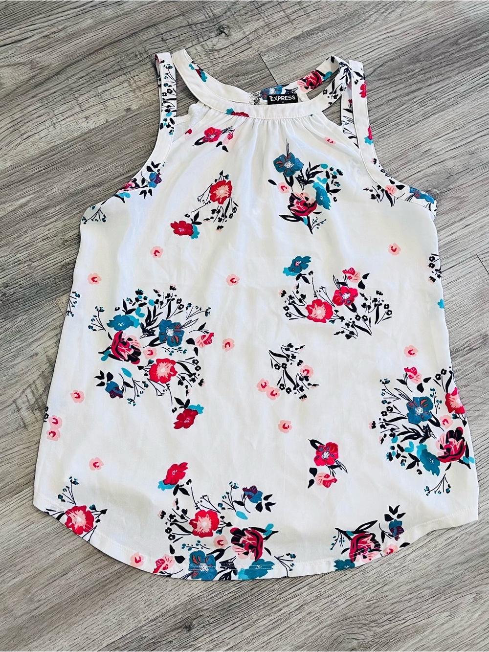 Express White Floral Halter-Style Camisole with Pink and Teal Blossoms